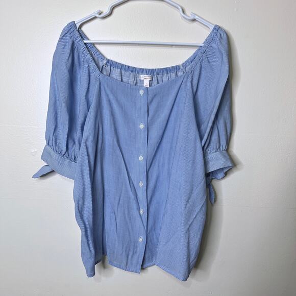 LC Lauren Conrad Off Shoulder Top Large Peasant Blouse Blue White Striped - Picture 2 of 5